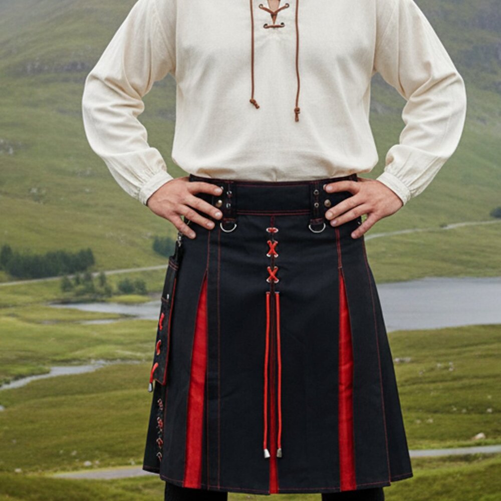 Hybrid Utility Kilt Black & Red Pleated Sports Kilt Festival